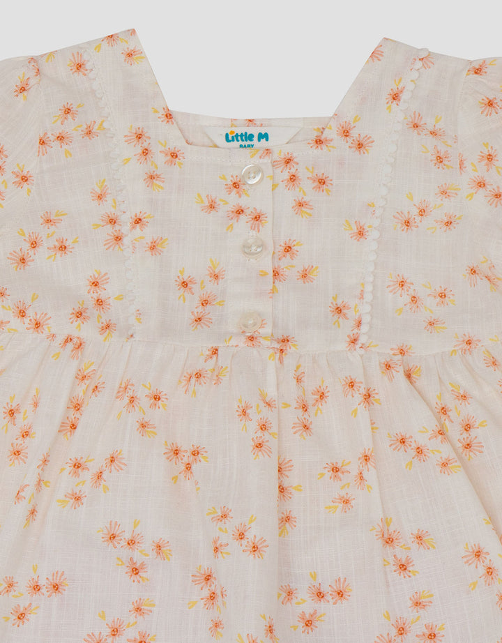 Little M Linen Slub Print Bunga Pakaian Setelan Bayi