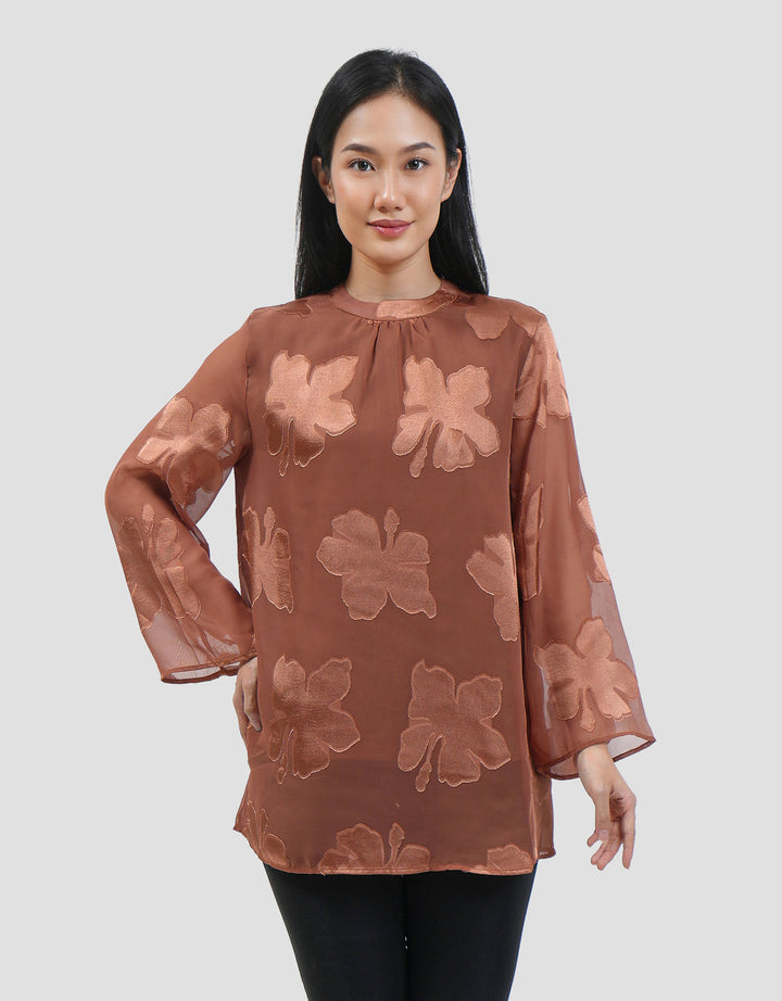 Connexion Flowy Burnt-Out Flare Blouse Wanita