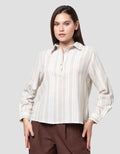 Connexion Stripes Linen Blend V-Neck Kemeja Wanita