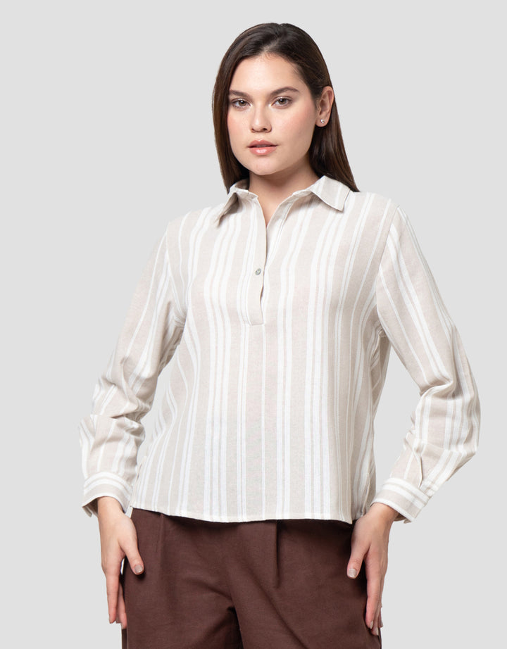Connexion Stripes Linen Blend V-Neck Kemeja Wanita