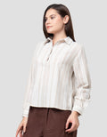 Connexion Stripes Linen Blend V-Neck Kemeja Wanita