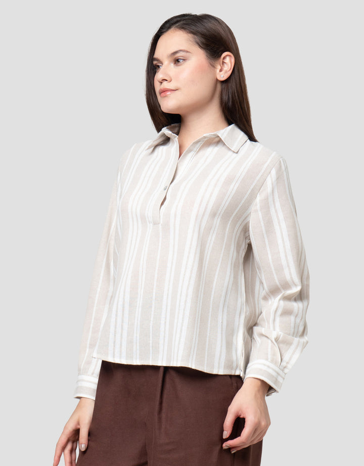 Connexion Stripes Linen Blend V-Neck Kemeja Wanita