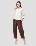 Connexion Stripes Linen Blend V-Neck Kemeja Wanita