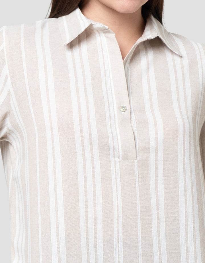 Connexion Stripes Linen Blend V-Neck Kemeja Wanita