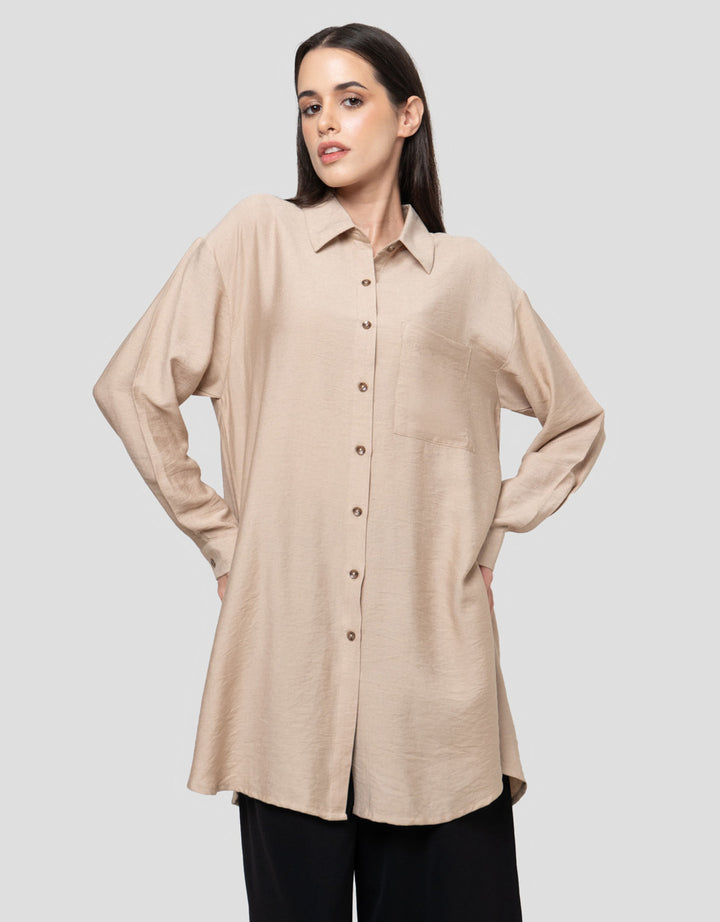 Connexion Texture Linen Long Tunic With Fornt Pocket Kemeja Wanita