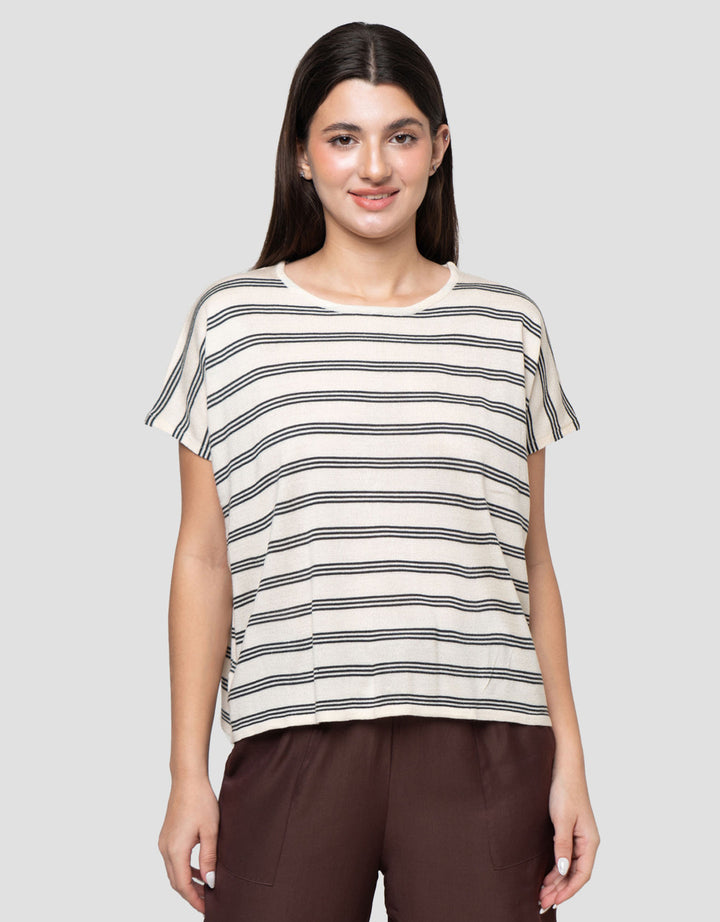 Connexion Striped Cotton Blend Knitted Kaos Wanita