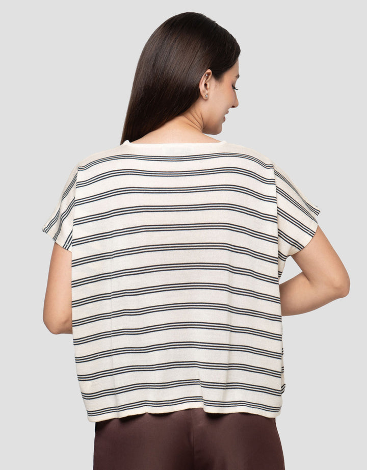 Connexion Striped Cotton Blend Knitted Kaos Wanita