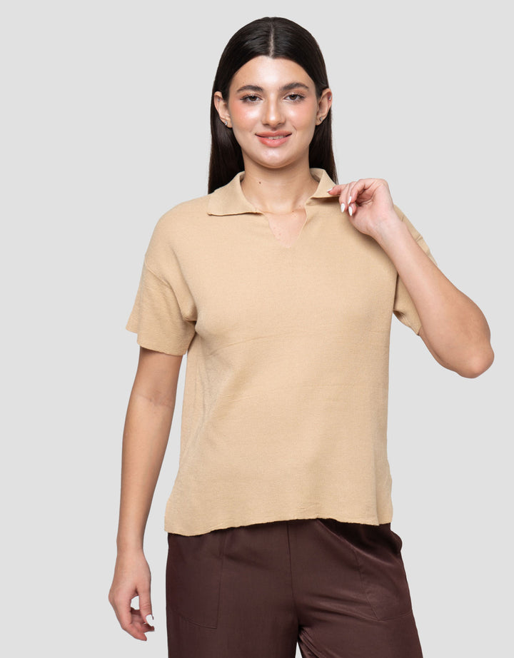 Connexion Boxy Knitted Top With Skipper Collar Kaos Wanita