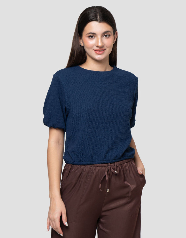 Connexion Crew Neck Texture Knit Top With Elasticated Hem Blouse Wanita
