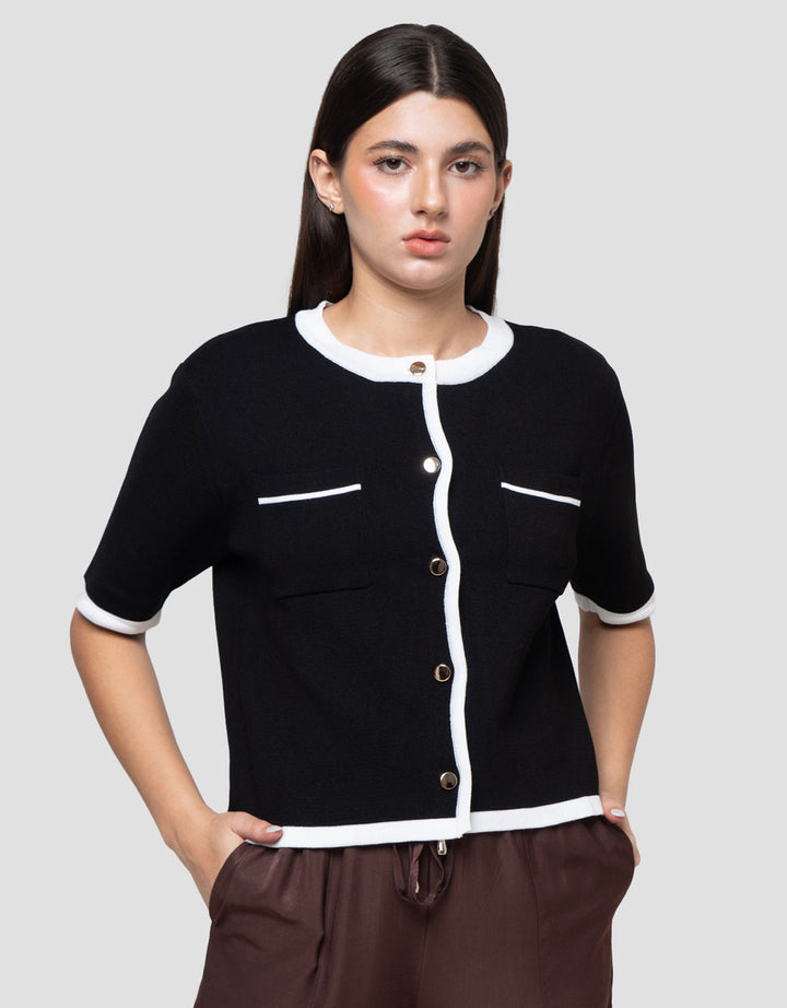 Connexion Formal Crop Emas Cardigan Lengan Pendek Wanita
