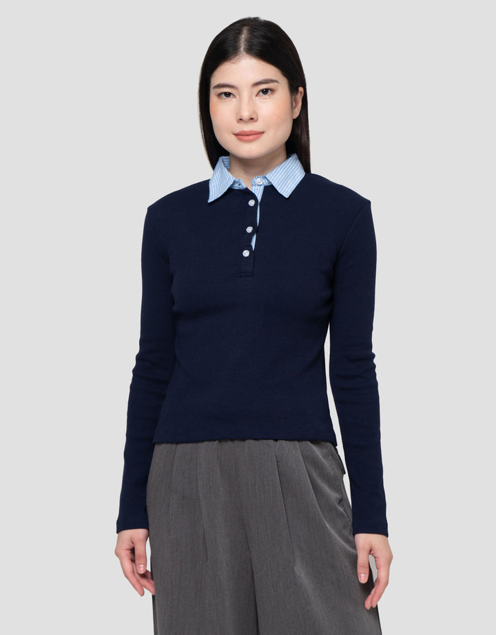 Nevada Solid Rib Woven Collar Kaos Wanita