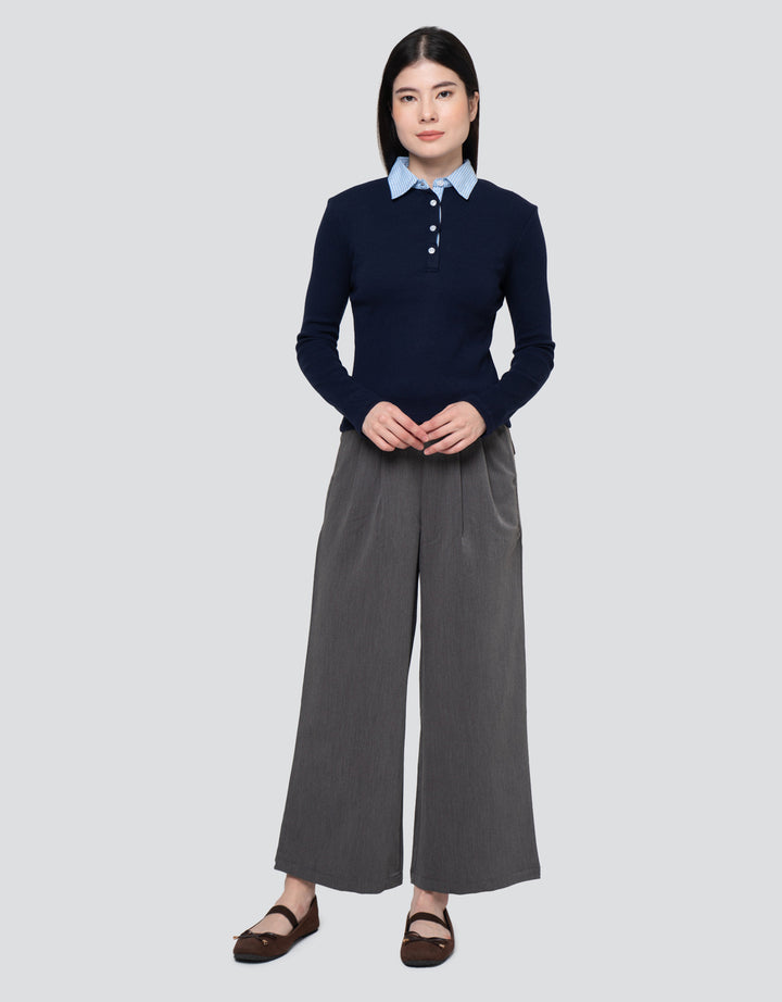 Nevada Solid Rib Woven Collar Kaos Wanita