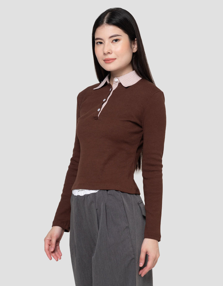 Nevada Solid Rib Woven Collar Kaos Wanita