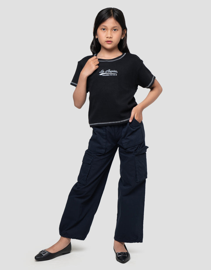 Nevada Rib Contrast Stitching Bordir Kaos Anak Perempuan