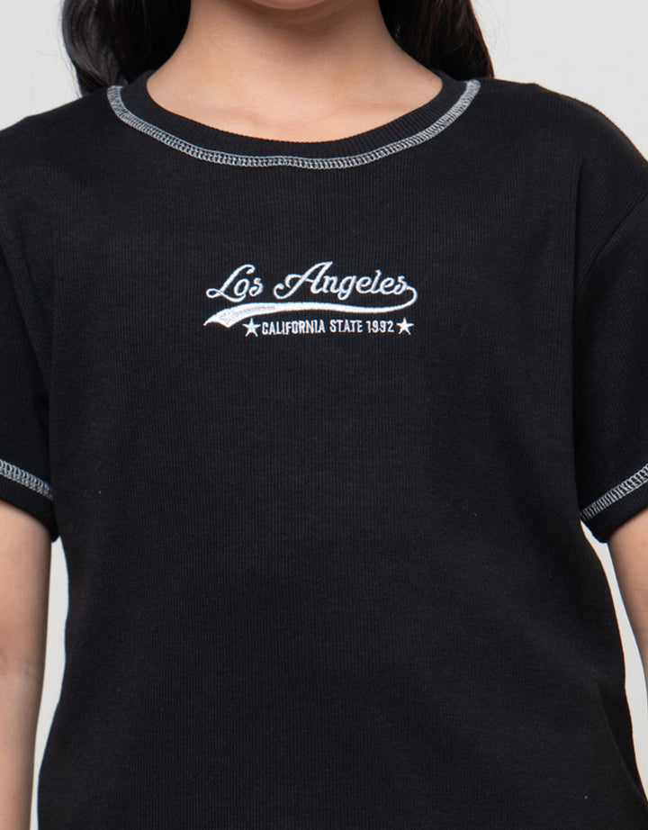 Nevada Rib Contrast Stitching Bordir Kaos Anak Perempuan