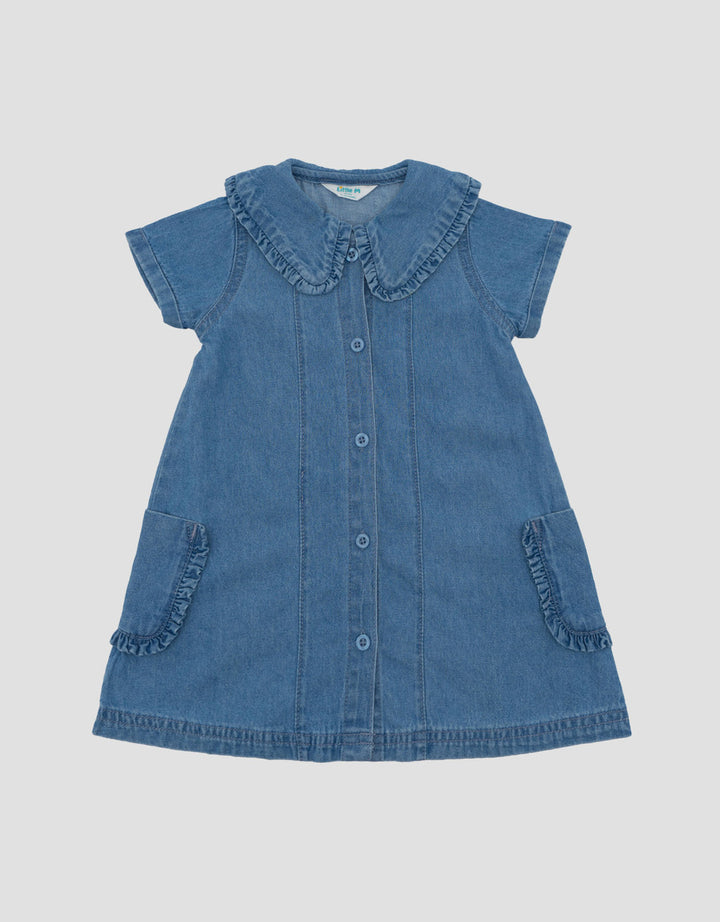 Little M Denim Kerah Kantong With Ruffle Midi Dress Bayi