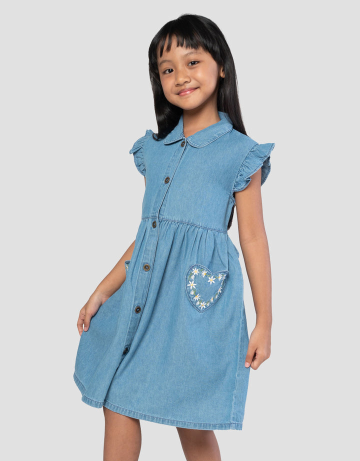 Little M Kantong Bordir Midi Dress Denim Anak Perempuan