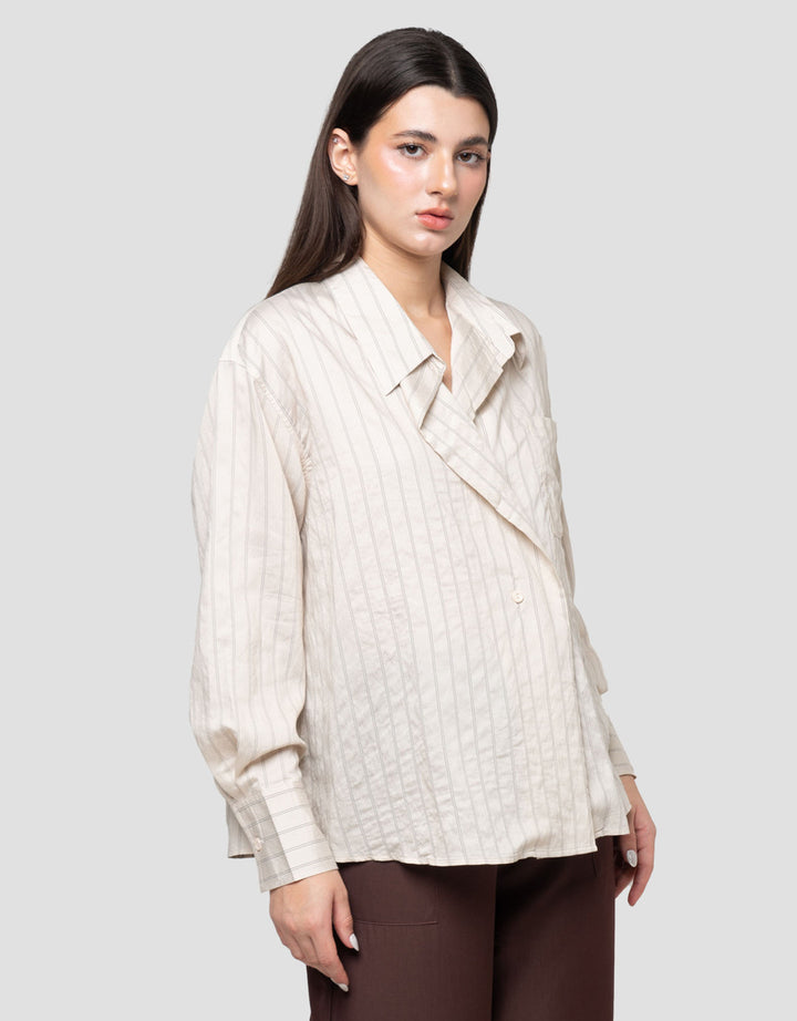 Connexion Overlap Big Stripe Kemeja Lengan Panjang Wanita
