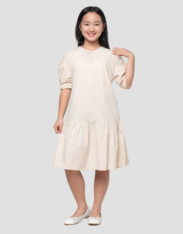 Nevada Woven Puff Sleeves Ujung Karet Midi Dress Anak Perempuan