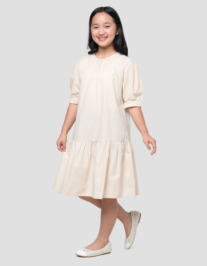 Nevada Woven Puff Sleeves Ujung Karet Midi Dress Anak Perempuan