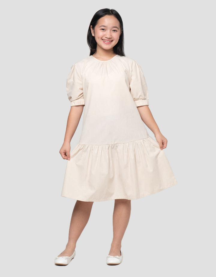 Nevada Woven Puff Sleeves Ujung Karet Midi Dress Anak Perempuan