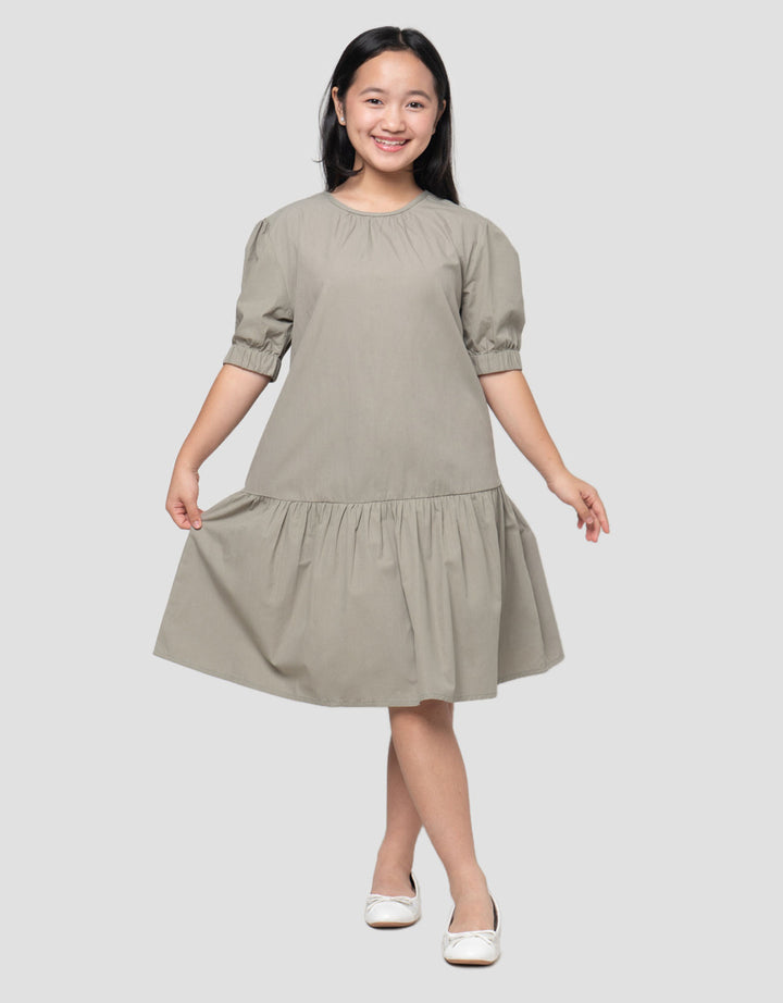 Nevada Woven Puff Sleeves Ujung Karet Midi Dress Anak Perempuan