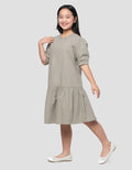 Nevada Woven Puff Sleeves Ujung Karet Midi Dress Anak Perempuan
