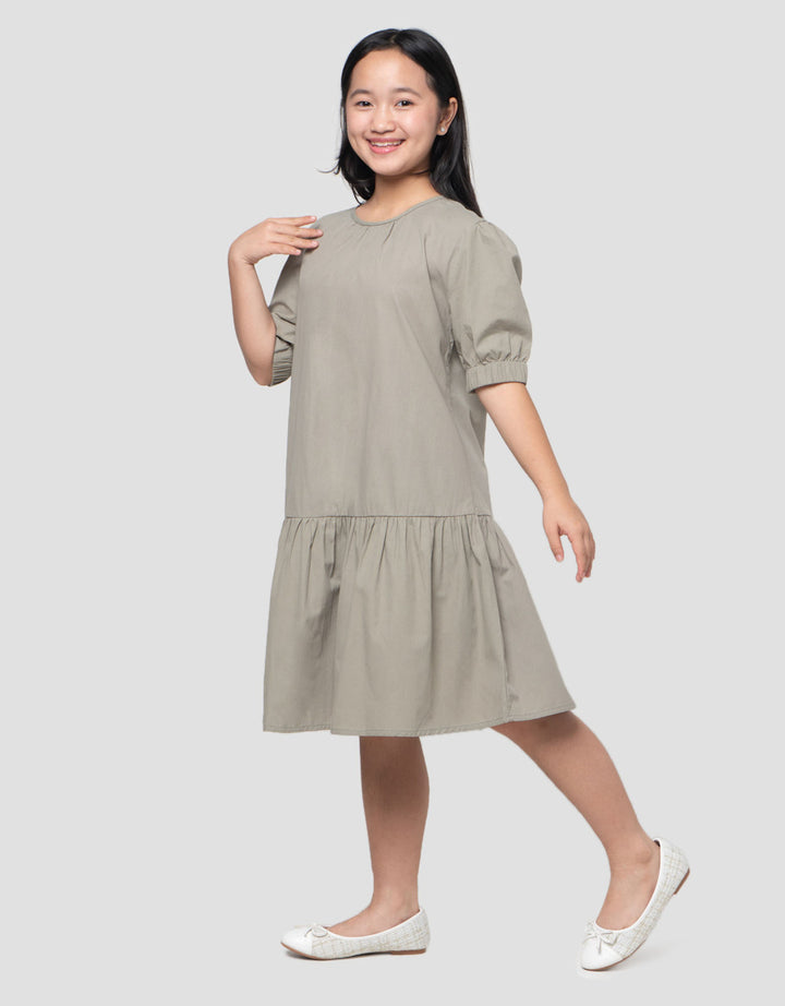 Nevada Woven Puff Sleeves Ujung Karet Midi Dress Anak Perempuan