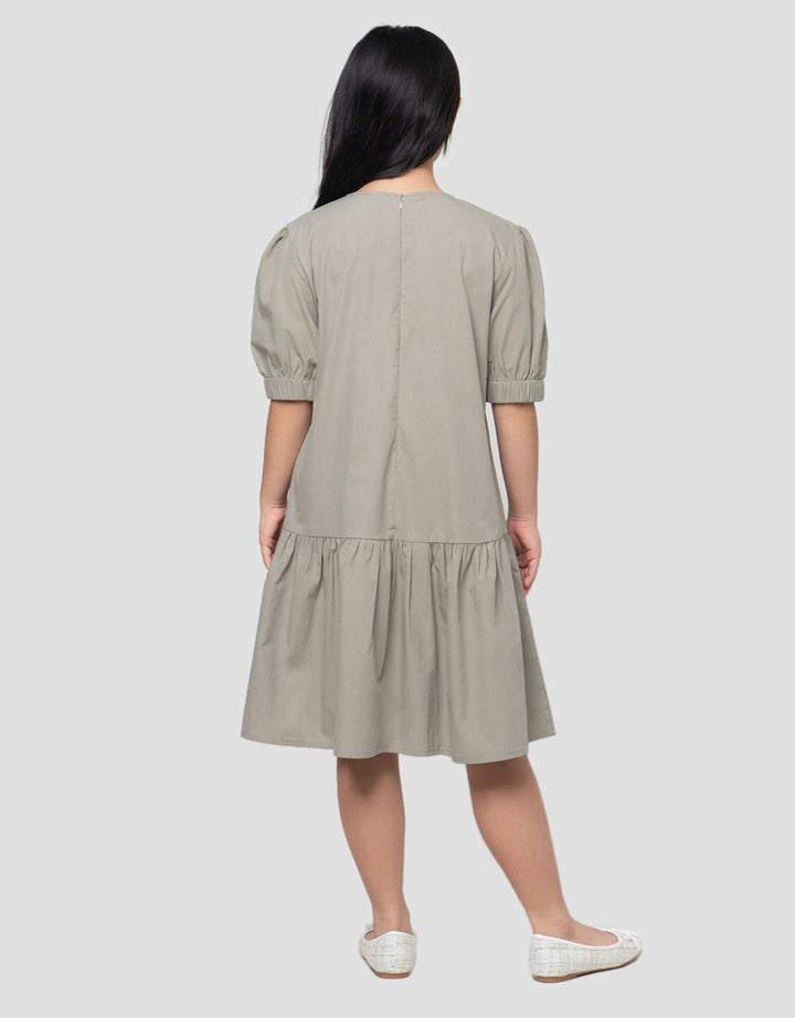 Nevada Woven Puff Sleeves Ujung Karet Midi Dress Anak Perempuan