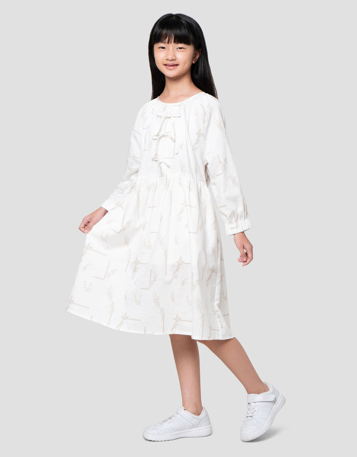 Nevada Sarimbit Print Daun With Zipper Midi Dress Anak Perempuan