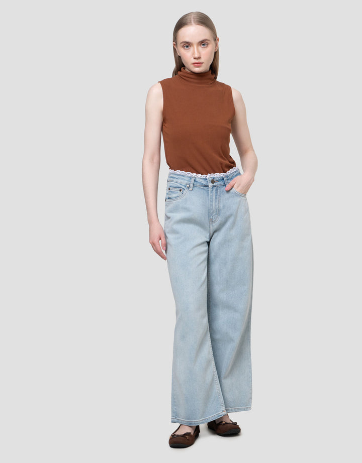 Nevada Wide Leg Lace Trim Celana Denim Wanita