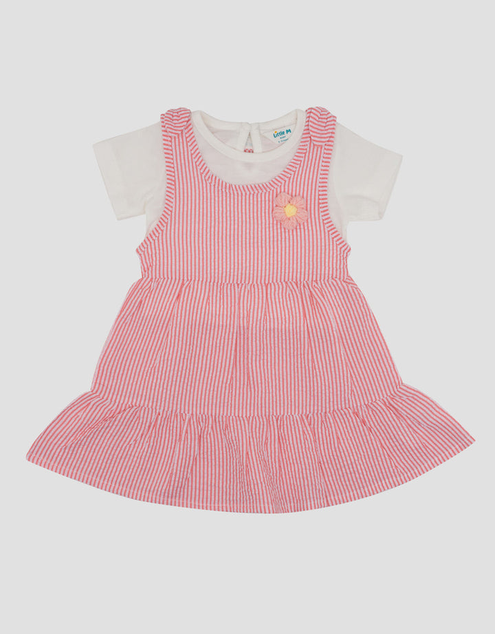 Little M 2Pcs Overall Woven Stripe Mix Knitt Midi Dress Bayi