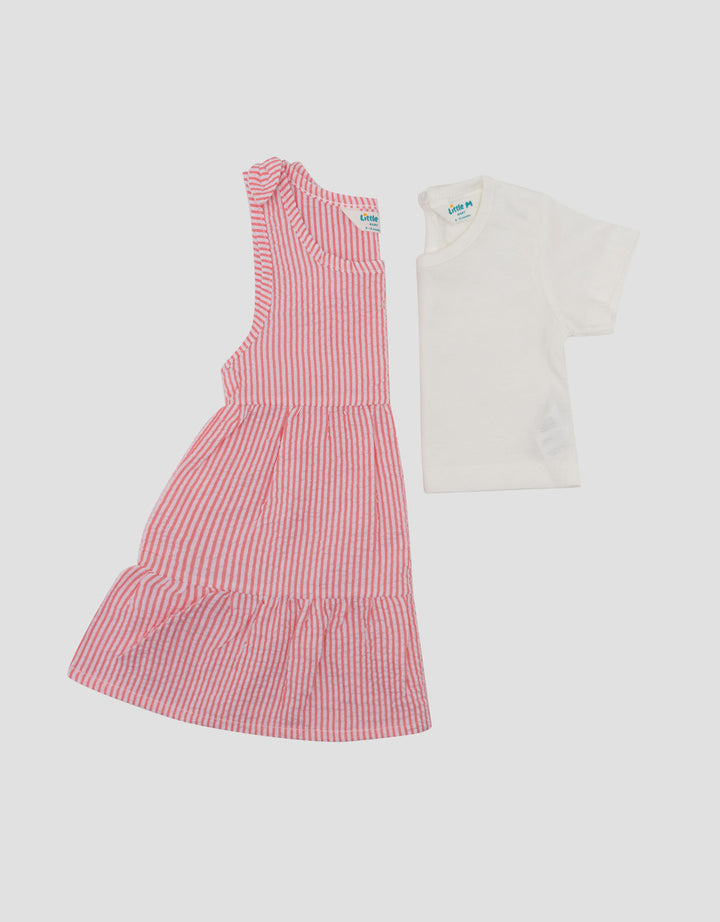 Little M 2Pcs Overall Woven Stripe Mix Knitt Midi Dress Bayi