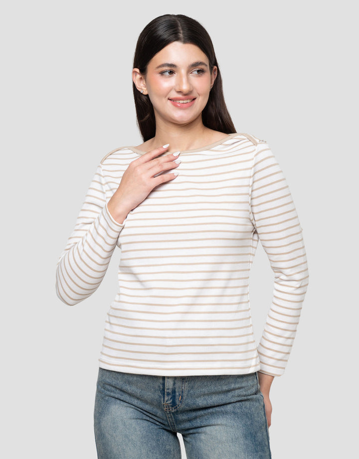 Connexion Boat Neck Stripe Kaos Lengan Panjang Wanita