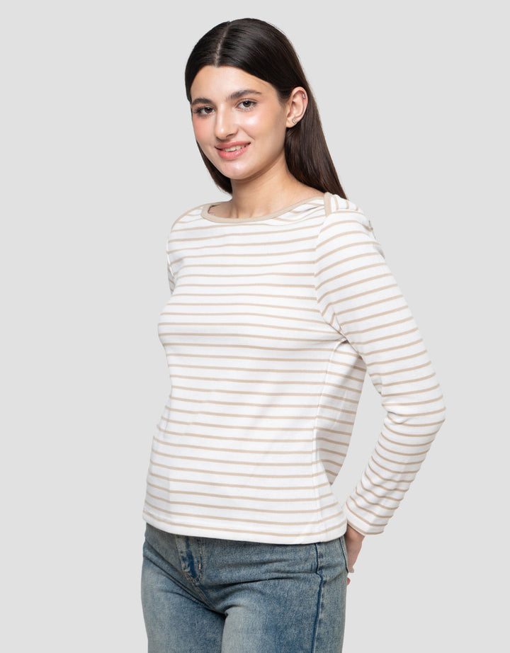 Connexion Boat Neck Stripe Kaos Lengan Panjang Wanita