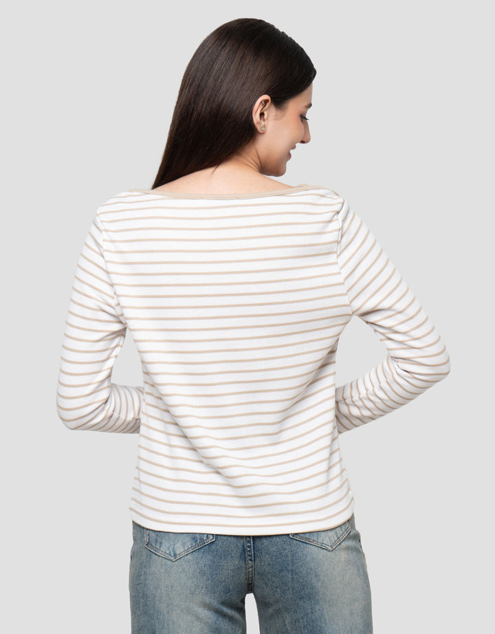 Connexion Boat Neck Stripe Kaos Lengan Panjang Wanita