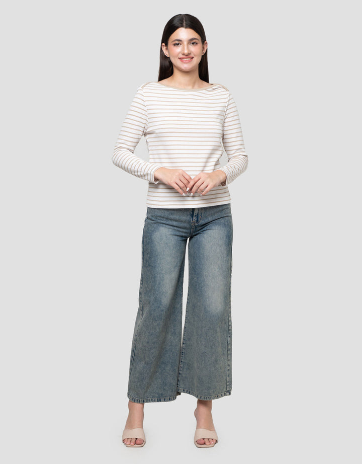 Connexion Boat Neck Stripe Kaos Lengan Panjang Wanita