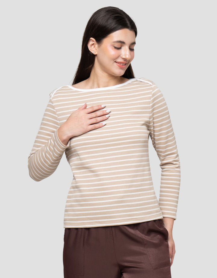 Connexion Boat Neck Stripe Kaos Lengan Panjang Wanita