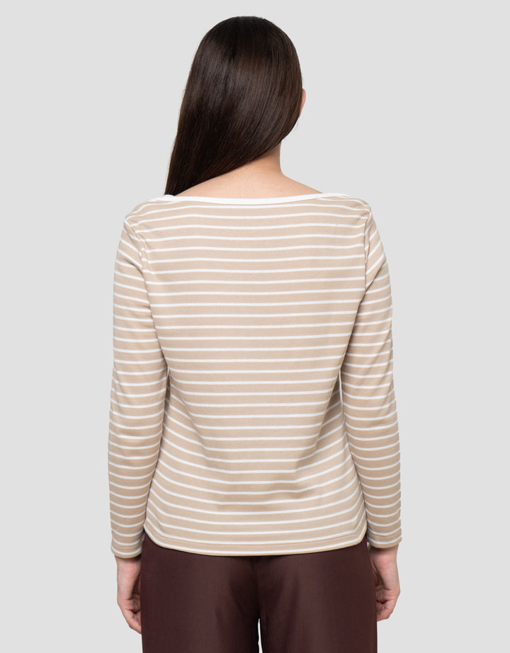 Connexion Boat Neck Stripe Kaos Lengan Panjang Wanita