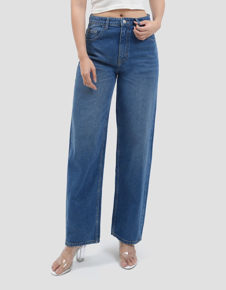 Connexion Barrel Mid Rise Full Length Back Elastic Celana Denim Wanita