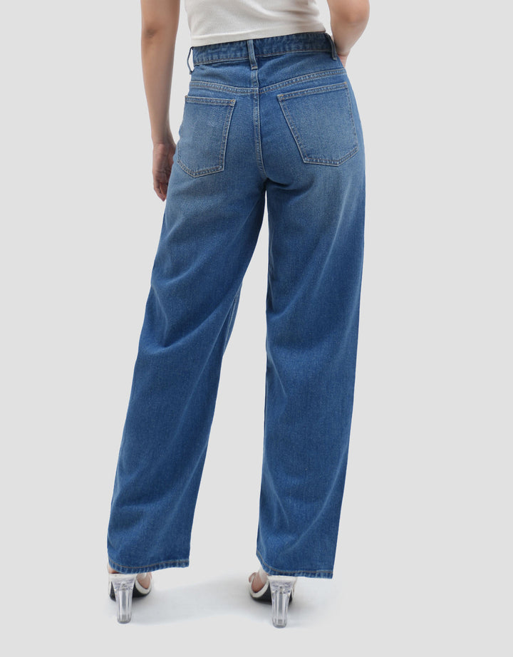 Connexion Barrel Mid Rise Full Length Back Elastic Celana Denim Wanita