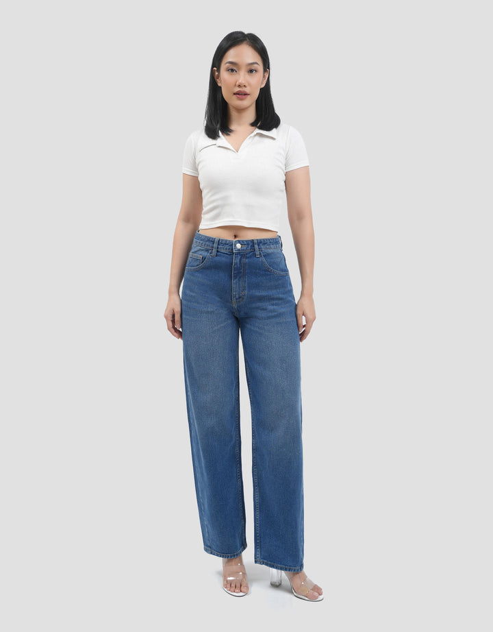 Connexion Barrel Mid Rise Full Length Back Elastic Celana Denim Wanita