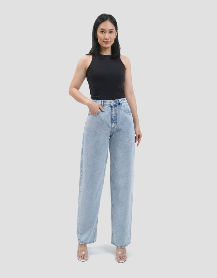 Connexion Barrel Mid Rise Full Length Back Elastic Celana Denim Wanita