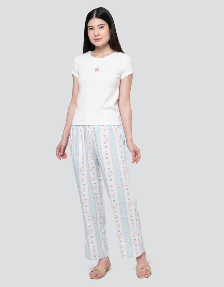 Nevada Strawberry In Blue Rib Knit Pyjama Set Setelan Piyama Wanita