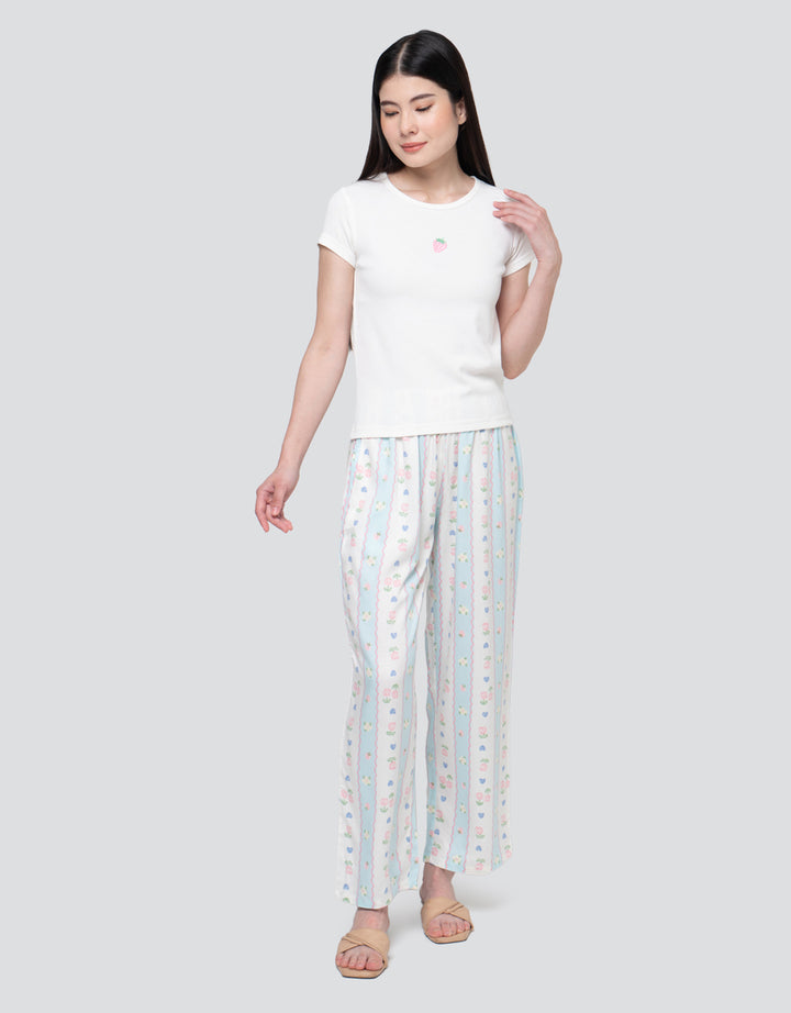 Nevada Strawberry In Blue Rib Knit Pyjama Set Setelan Piyama Wanita