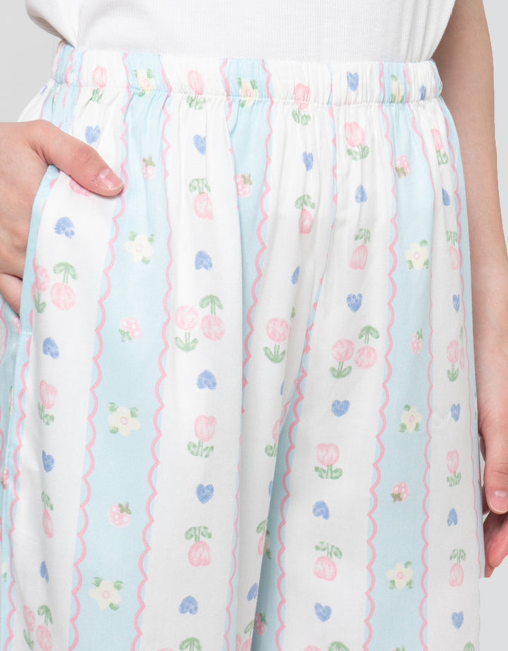 Nevada Strawberry In Blue Rib Knit Pyjama Set Setelan Piyama Wanita