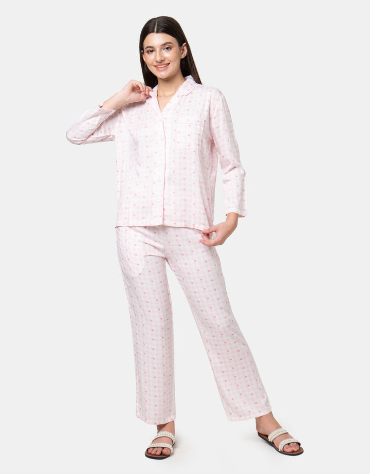 Nevada Gingham Hearts Viscose Pj Set With Piping Wanita