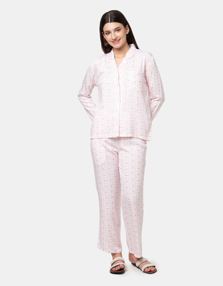 Nevada Gingham Hearts Viscose Pj Set With Piping Wanita
