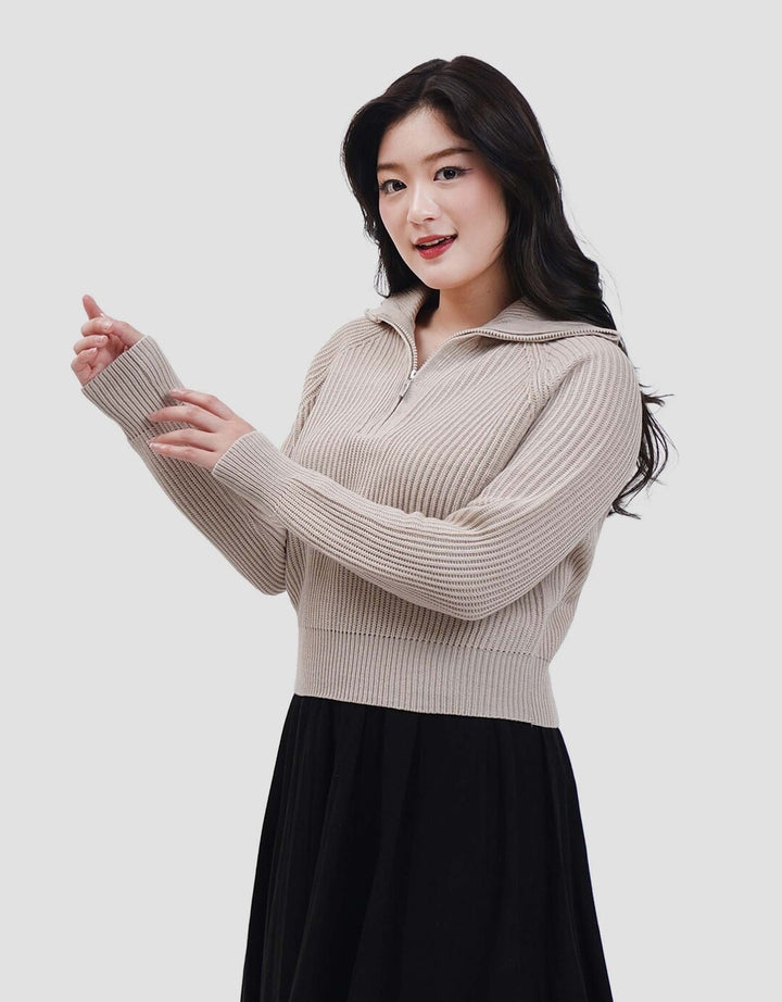 Nevada Flat Knit Half Zipper Sweater Crop Wanita