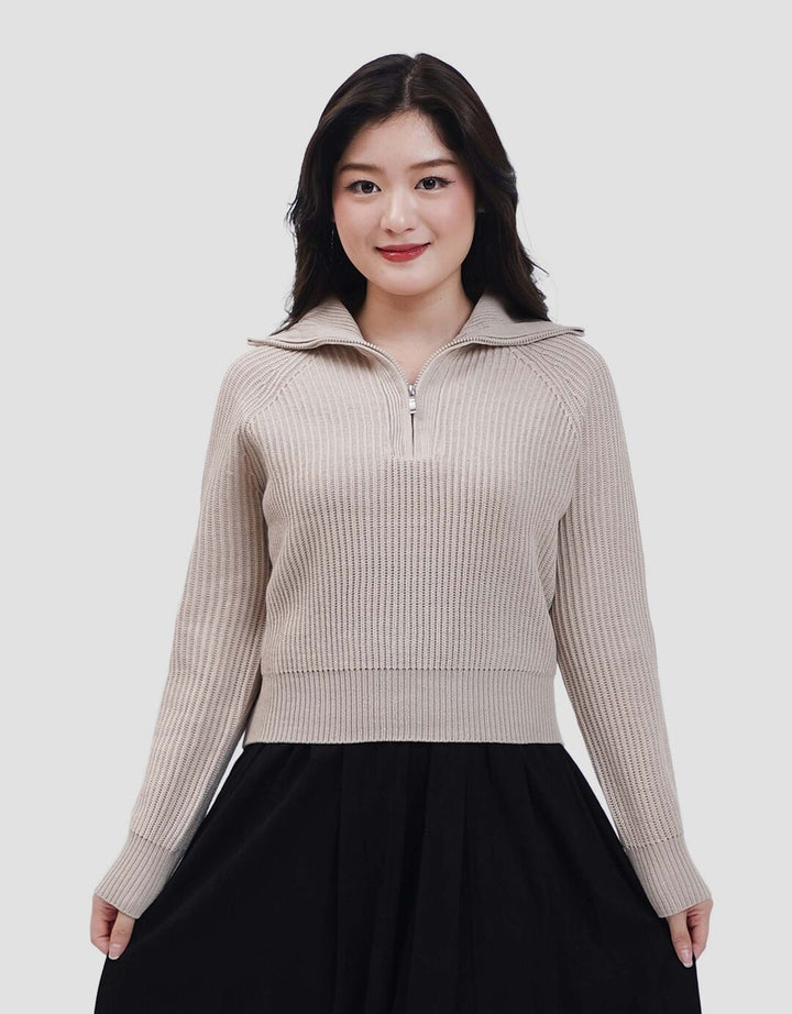 Nevada Flat Knit Half Zipper Sweater Crop Wanita